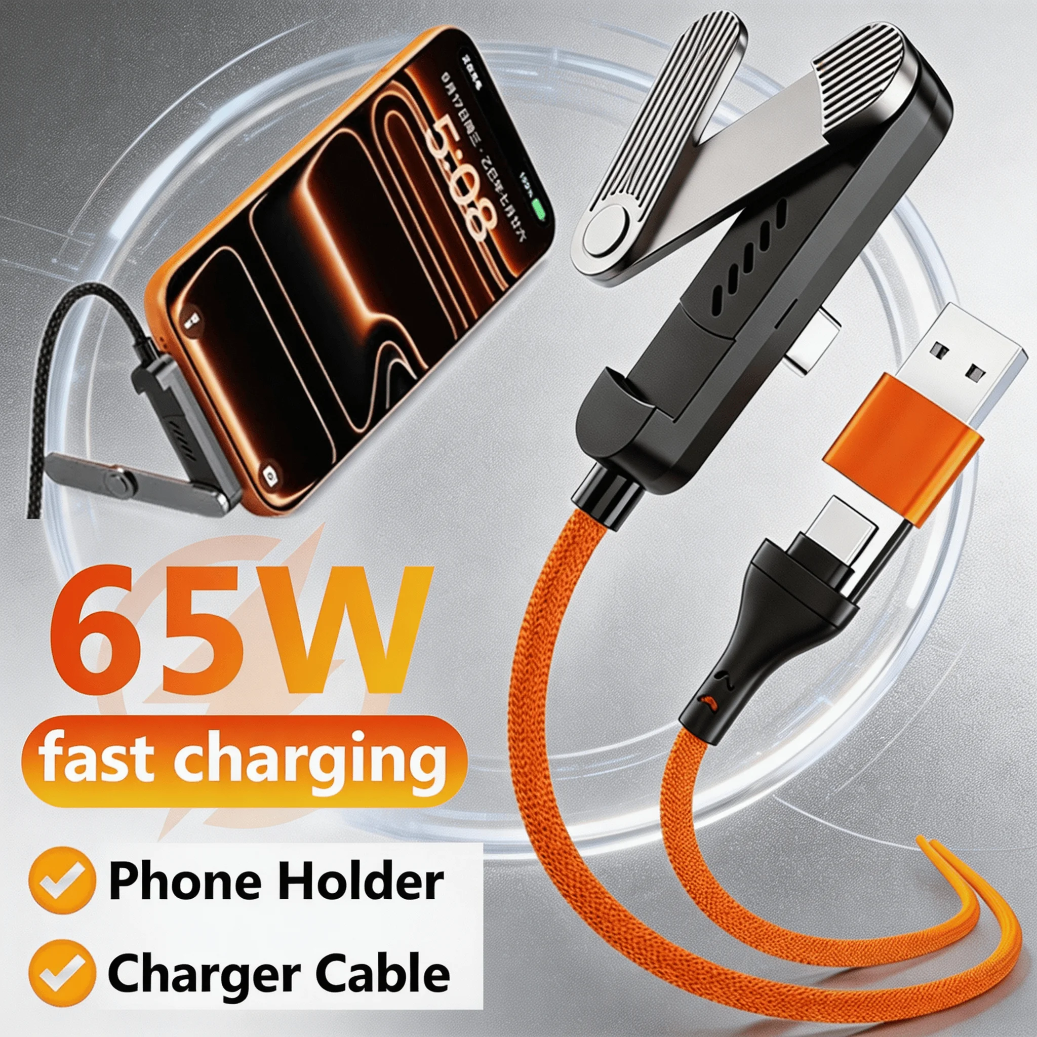 65W 2 in 1 USB Type C Cable With Holder Fast Charging Phone Charger Data Cord For iPhone Samsung Xiaomi USB-C Quick Charge Cable