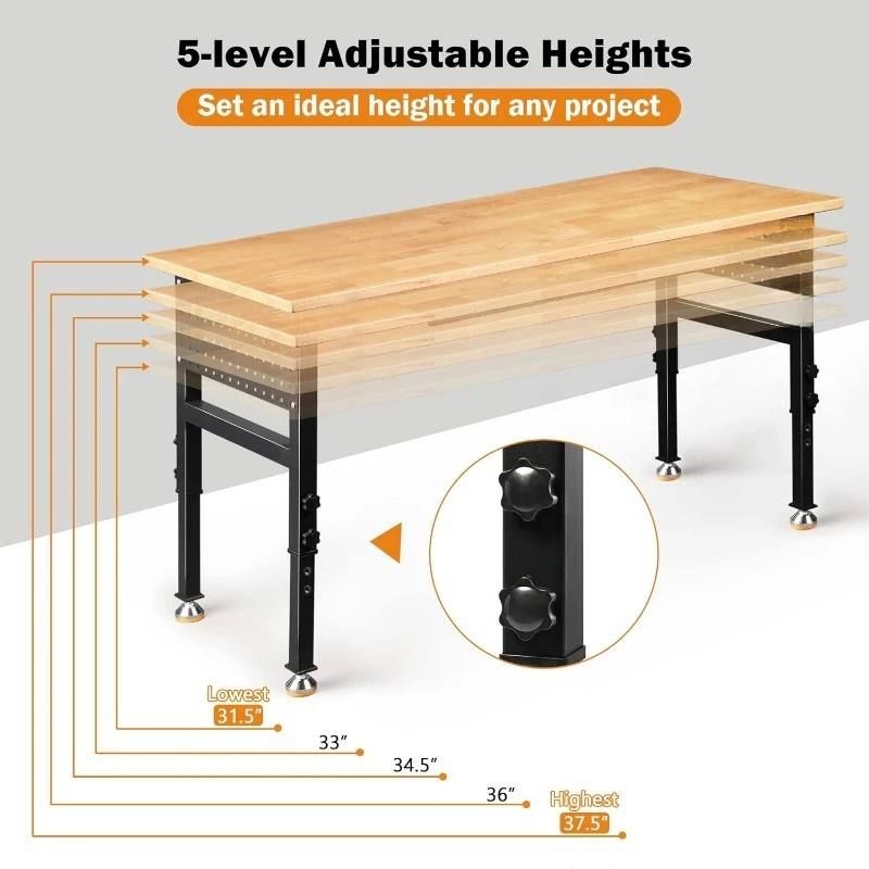 Établi réglable Rap-Duty pour garage, table d'atelier en bois de caoutchouc avec doubles chevilles et MEL-Duty, 60 po