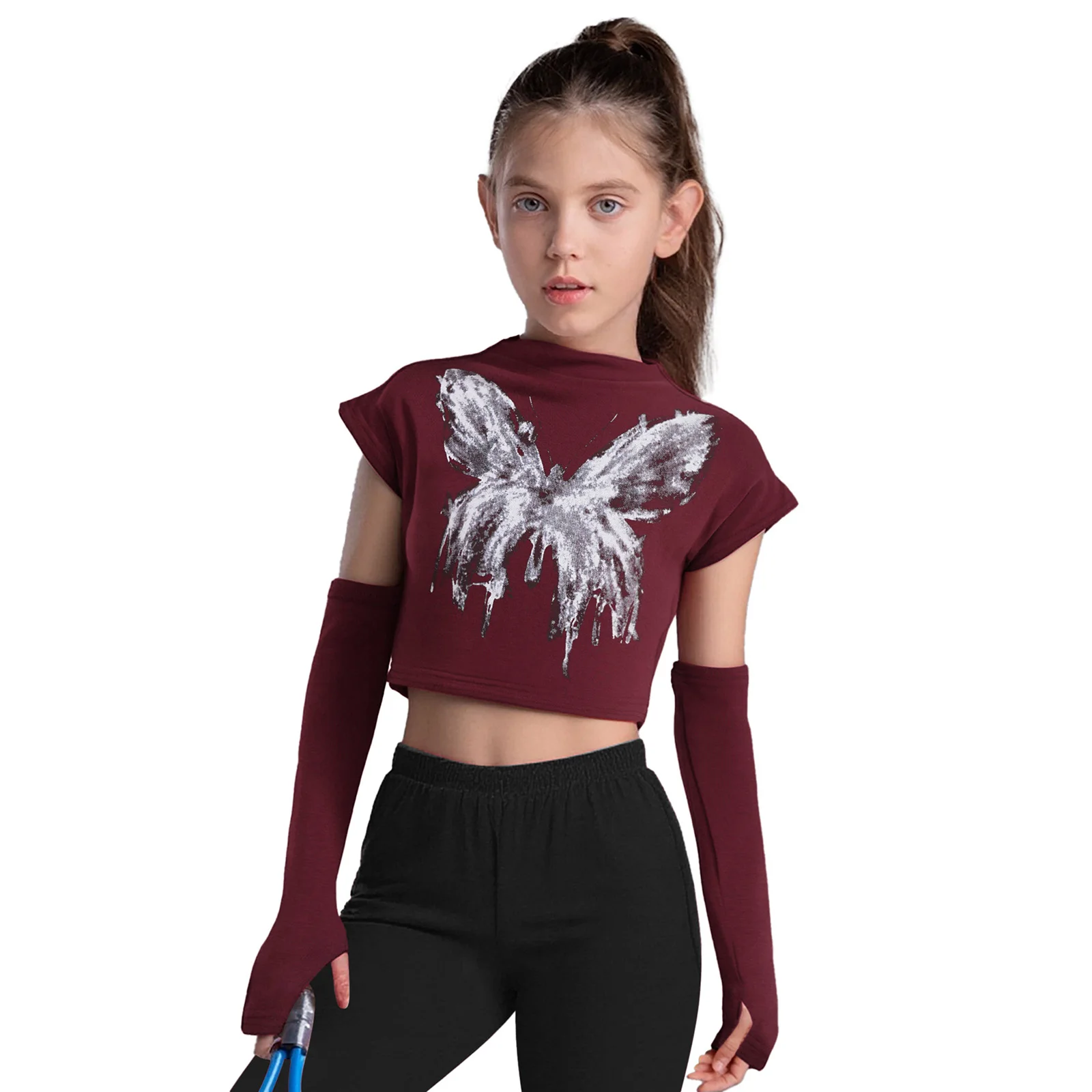 

3Pcs/Set Kids Girls Shirt Hip-Hop Jazz Dance Costume Butterfly Printed Crop Top Mock Neck Sleeveless T-shirt+Thumbhole Gloves