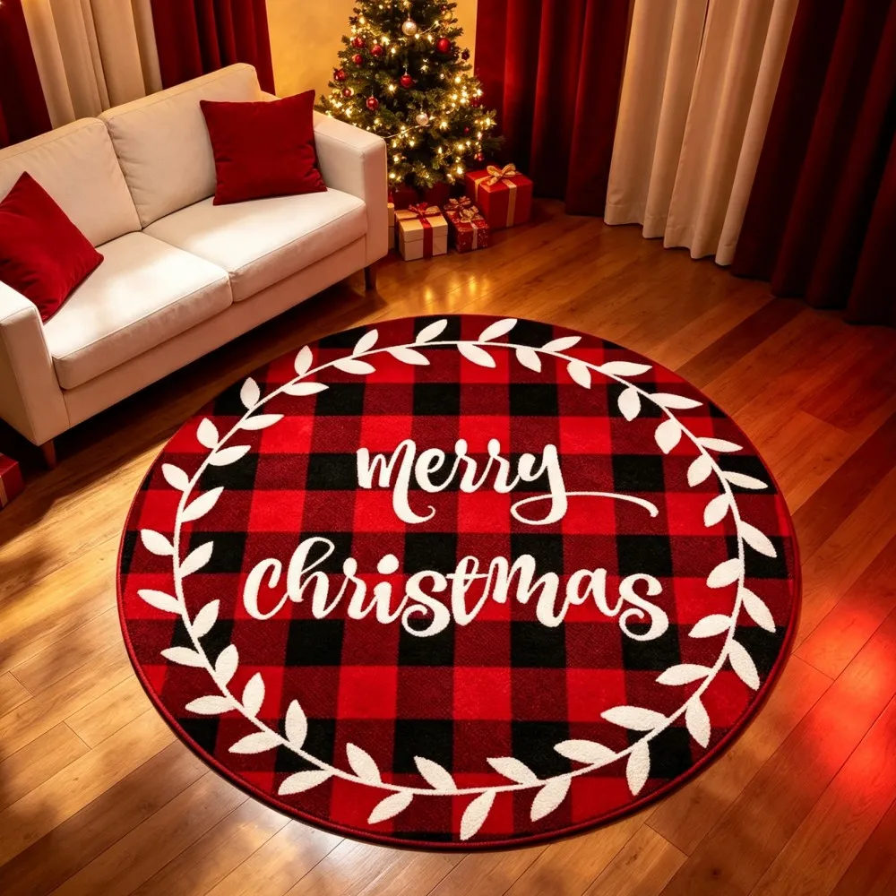Red Black Plaid Round Area Rug Merry Christmas Circular Floor Mat White Leaf Garland Winter Carpet for Studio Lounge