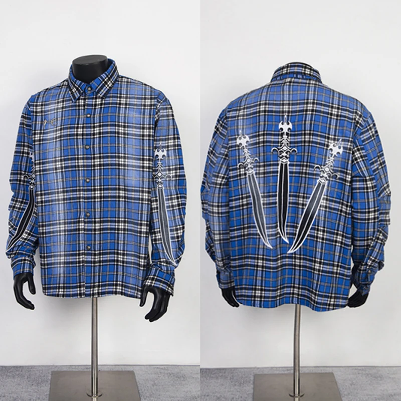 Autumn New High Quality THUG CLUB Shirt Metal Logo Button Embroidery Spray Painting Custom Blue Plaid Shirt Thug Club Casual Top