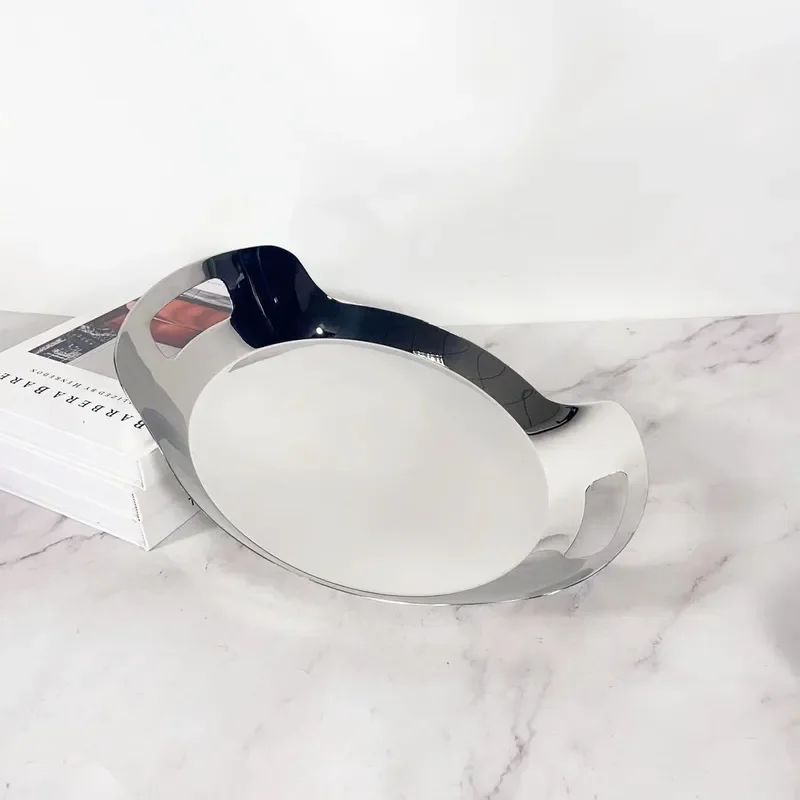 Stainless steel 304 round handle hotel tray western food plate light luxury household wine set dessert plate