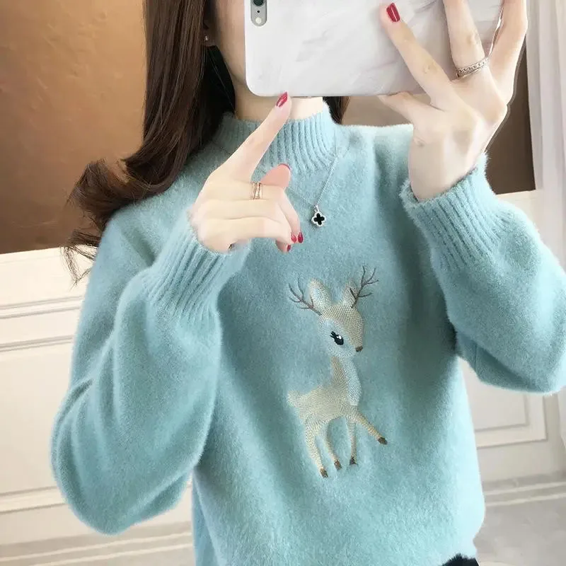 Biyaby Embroidery Deer Warm Jumpers Woman 2023 Autumn Winter Half High Collar Knit Sweater Women Korean Loose Long Sleeve Blouse