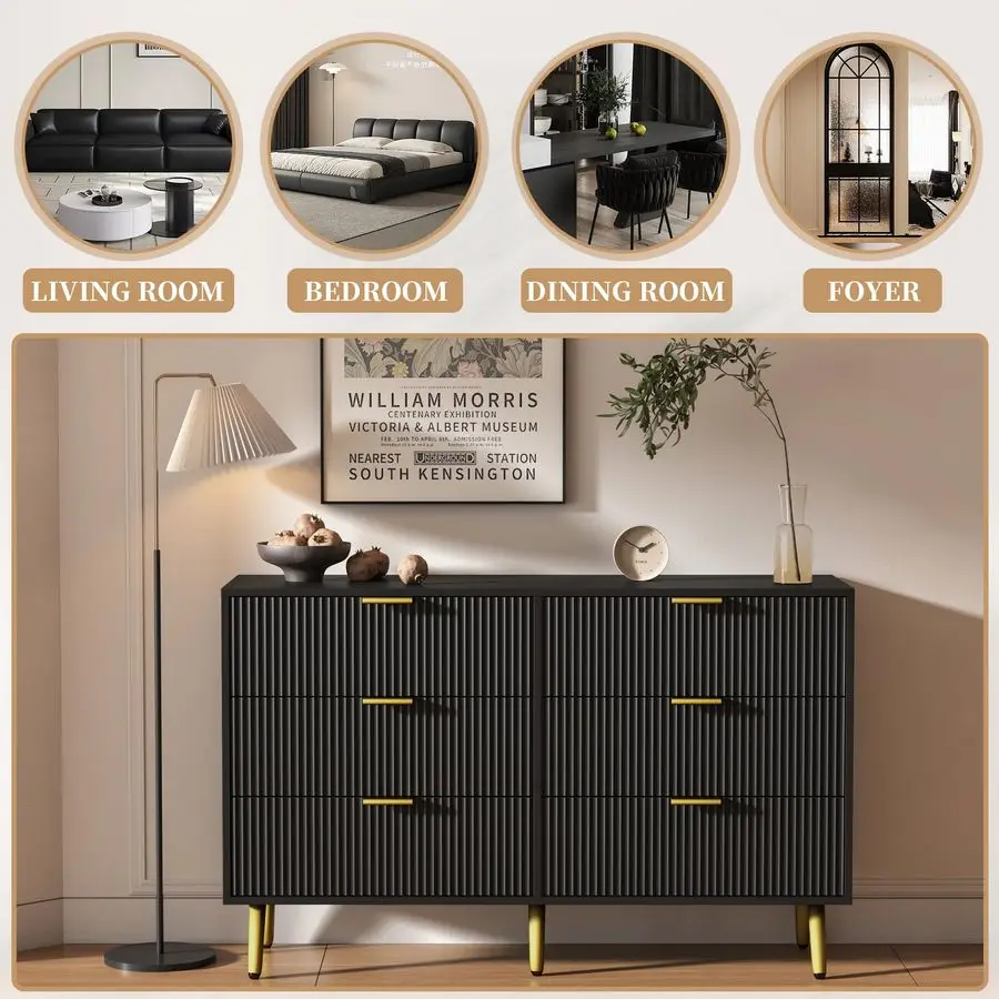 Cómoda doble con cajón para dormitorio, cómoda moderna con panel estriado, organizador de tocador de almacenamiento de madera ancho, para B