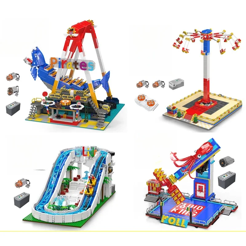 MOULD KING  Amusement Park Toys Motorized Spinning Ride,Water Slide,Flying Swing Ride,Shark Pirate Ship Building Blocks Bricks