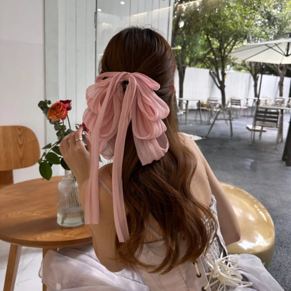 Long Ribbon Bow Hair Clip Irregular Design Big Ponytail Hairpins Wedding Party Hair Accessories Gauze Hair Grab Women Girls