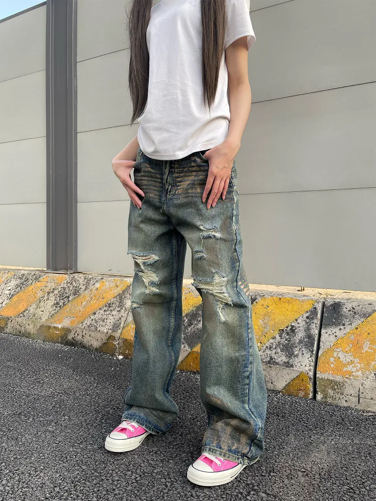 American High Street Cleanfit Retro Graffiti Men Women Loose Couple Jeans Tear Wear Resistant mid Waist Zipper Casual Jeans