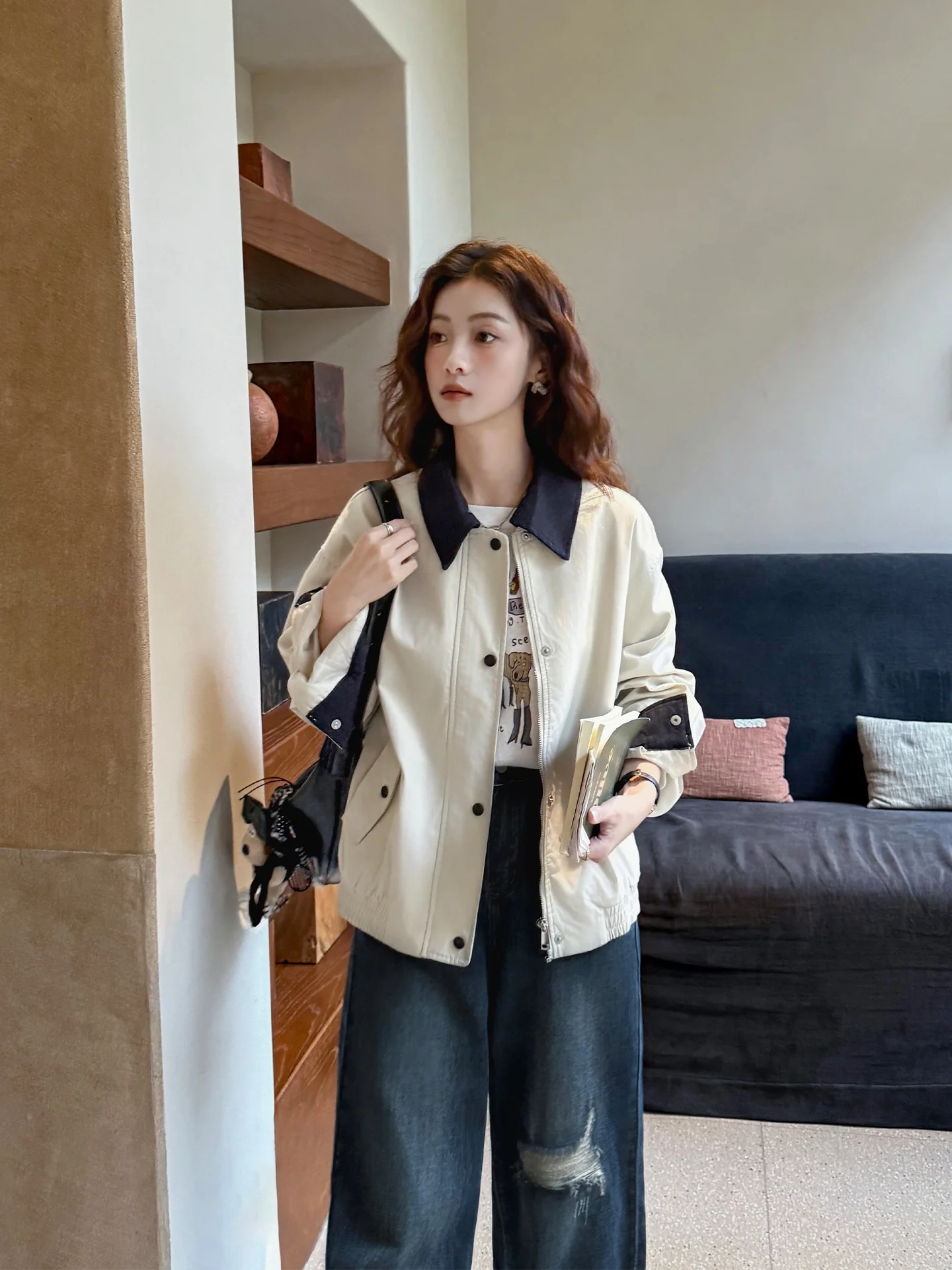 

Casual Sle Color Blo Collar Jaet Women's Loose Fit Workwear Coat Barn Sle ort Outerwear Autumn Faion Retro