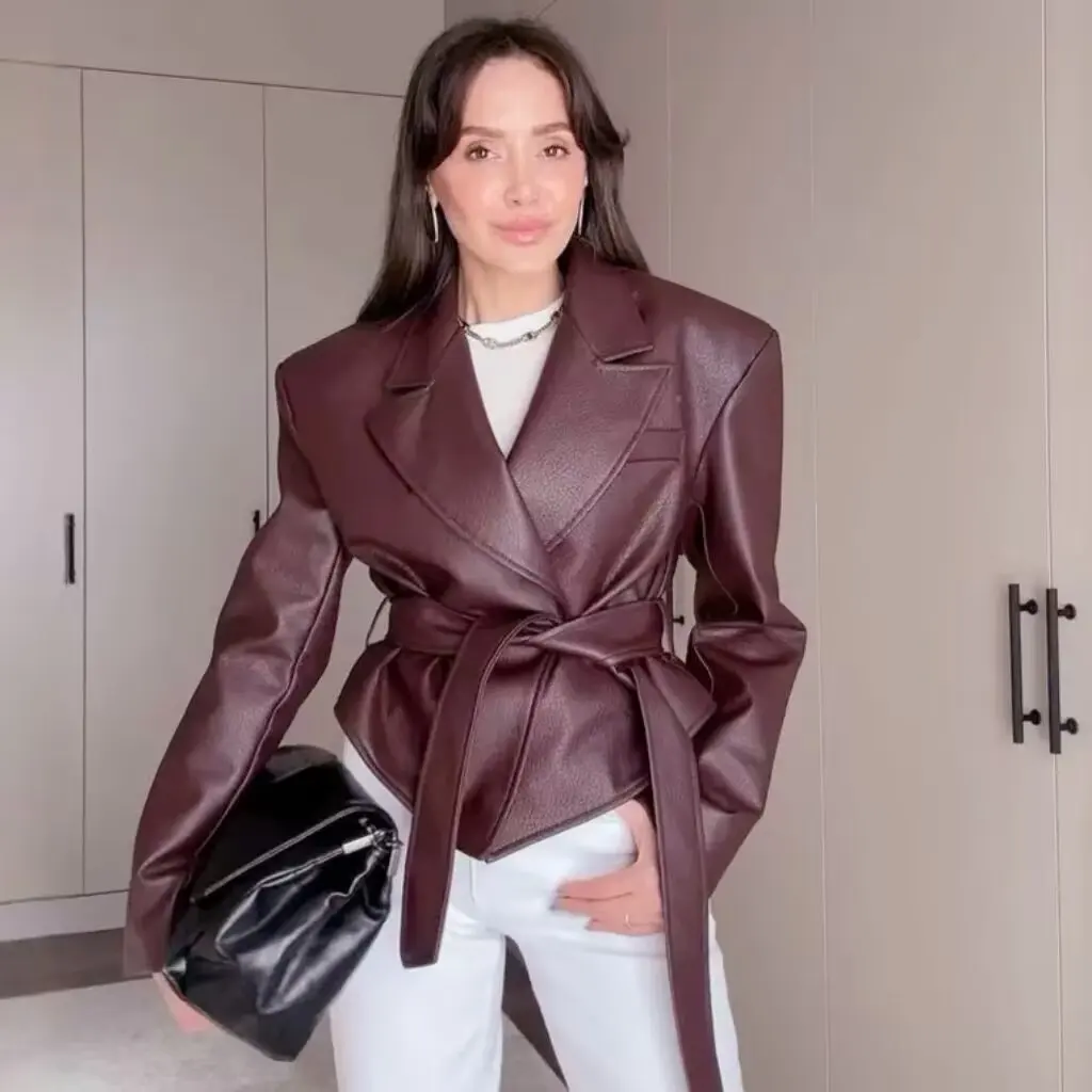 Fashionable Motorcycle Style Leather Jacket Women's Spring Summer New Arrival Belted Elegant Personality Outerwear Coat
