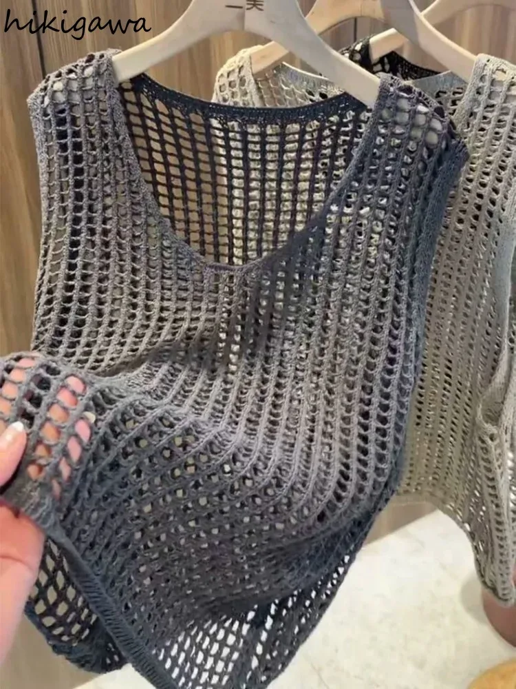 

2025 Women's Clothing Knitted Vest V-neck Sleeveless Thin Waistcoat Crop Tops Fashion Casual Hollow Out Summer Tanks Ropa Mujer