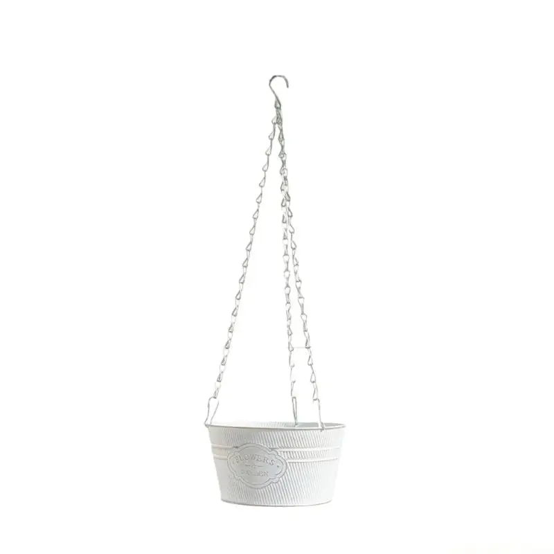 QX2E Metal Hanging Flower Pot with Raised Front Plaque for Balcony Display