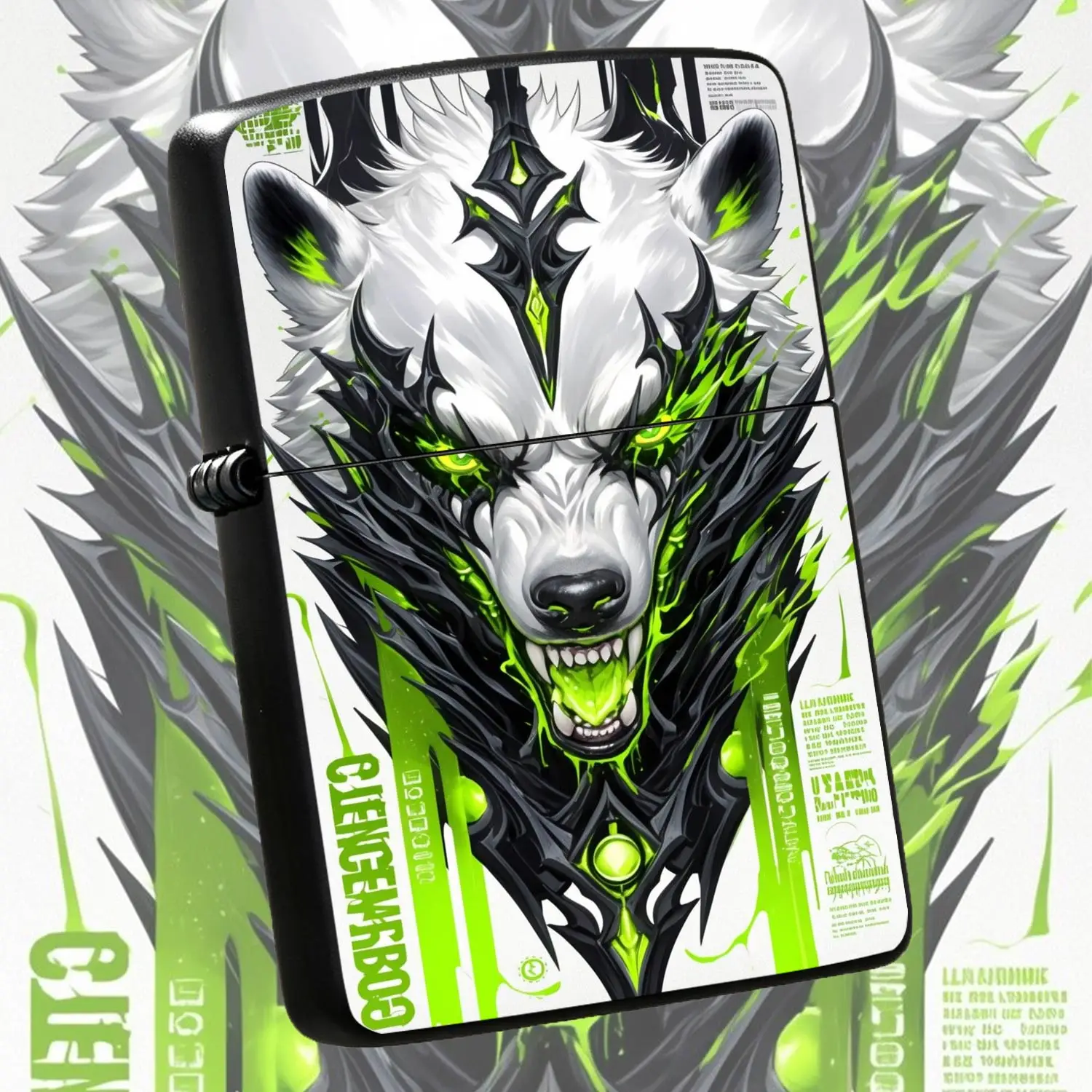 Cyber Neon Toxic Wolf Themed Pocket Lighter, Cool Sharp Mecha White Black Wolf Pattern, Ideal For Daily Use Outdoor Gathering Gifting Personal Collecting, Stylish Creative Portable Accessory For All Scenarios A Humorous And Interesting Ligh