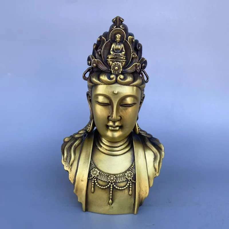 Estátua de latão chinesa antiga elaborada de kuan Yin, cabeça deusa kuan Yin