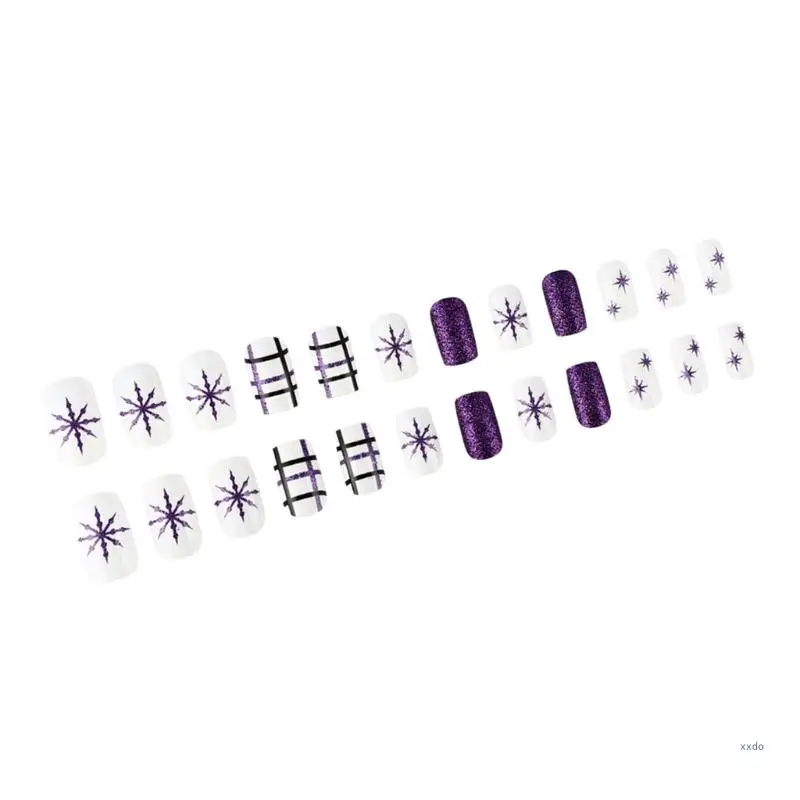 24x Short False Nail Christmas Press On Nail Glittering Stripes Full Cover Stick on Nail Snowflake Artificial Nail