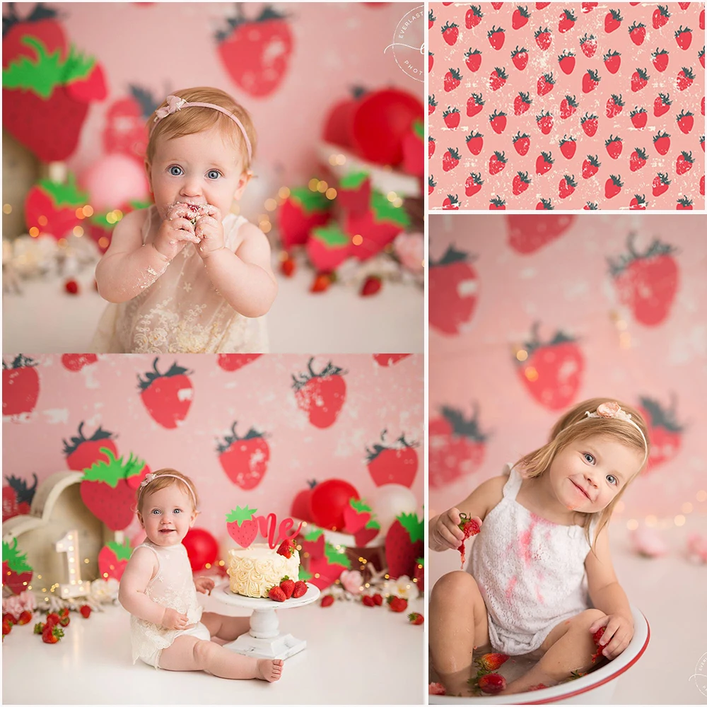 Sweet Summer Strawberrie Photo Background for Children Birthday Cake Smash Photography Backdrop Kids Portrait Photo Studio Props