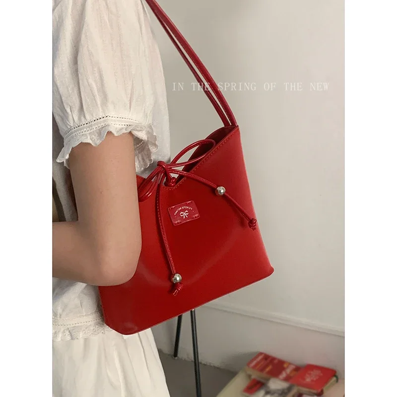 

Summer Fashion Bucket Bag Korean Niche Underarm for Women Simple Hand-held Red Bags 2025 New