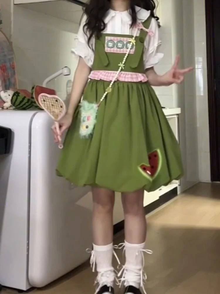 Y2k Harajuku Vintage Sweet Slim 2 Piece Dress Set Solid Elegant Short Sleeve Blouse + Kawaii Short Party Dress 2000s Lolita Suit