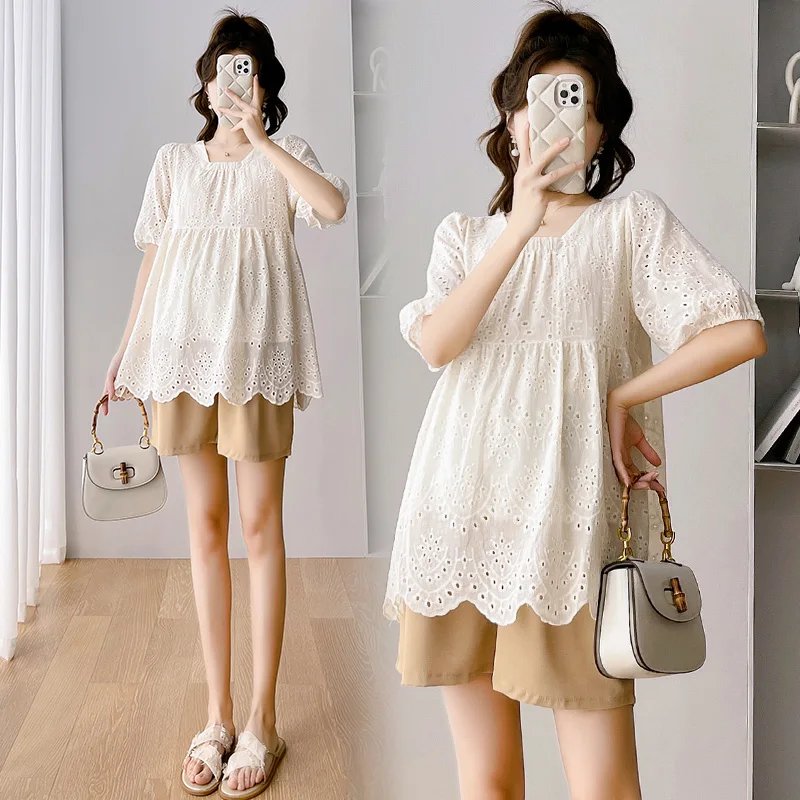 

8121# 2024 Summer Fashion Hollow Out Lace Maternity Blouse Loose Staight Shirt Clothes For Pregnant Women Pregnancy Tops Shorts