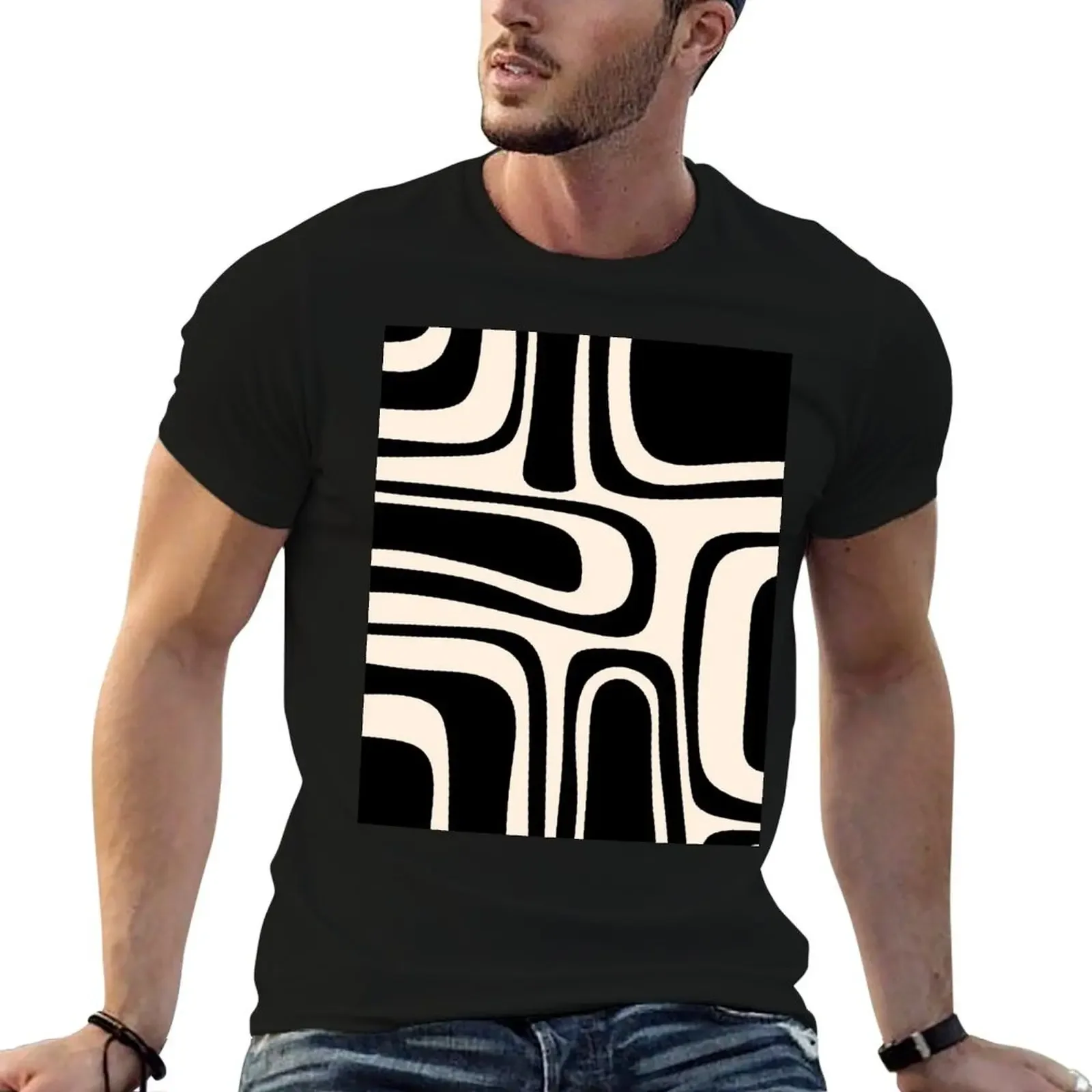 Palm Springs Retro Midcentury Modern Abstract Pattern in Black and Almond Cream T-Shirt blacks plus sizes black t shirts for men