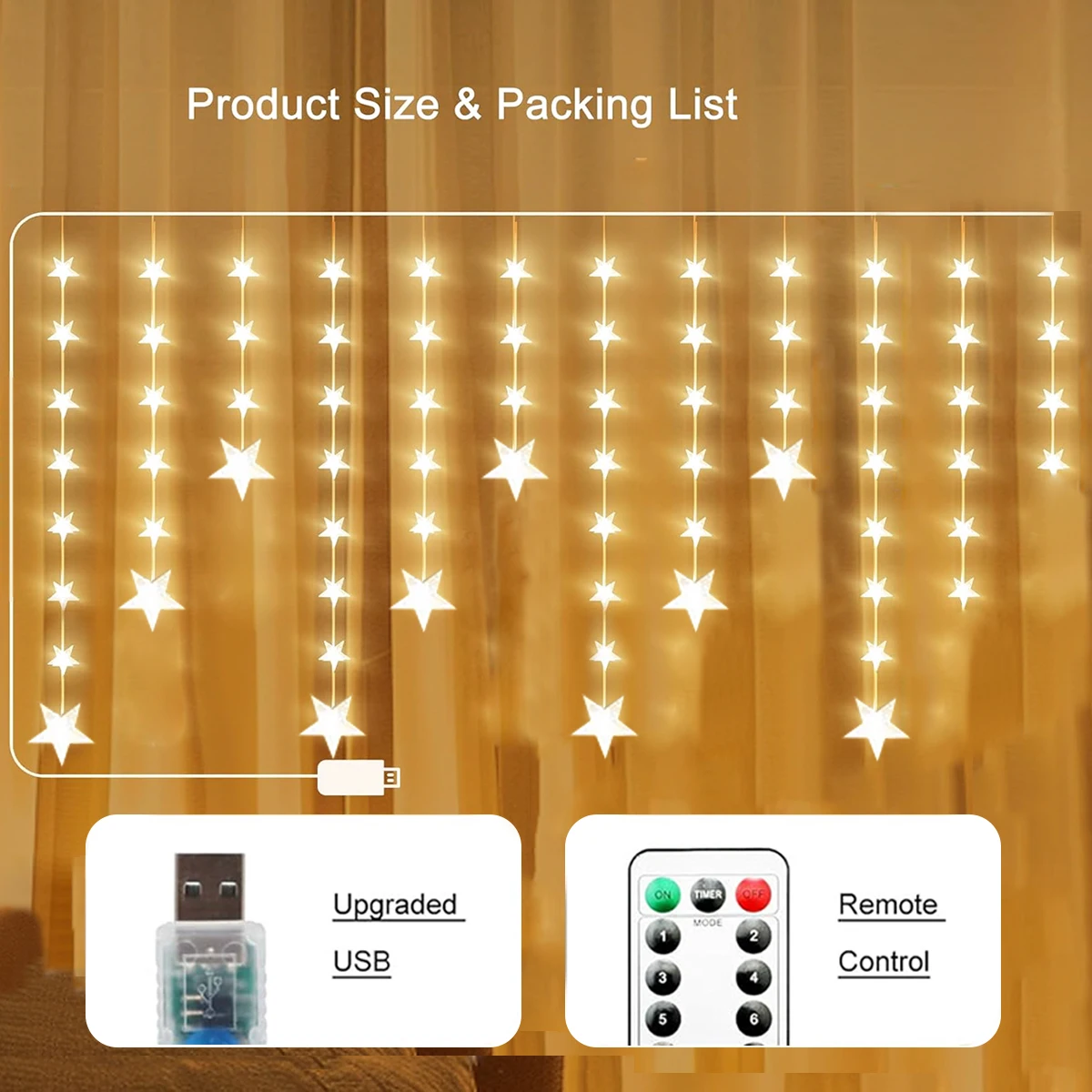 1pc 120 LED Star Curtain Lights Hanging Star Fairy Atmosphere Window Garland Lamp USB Powered With Remote Control For Home Decor