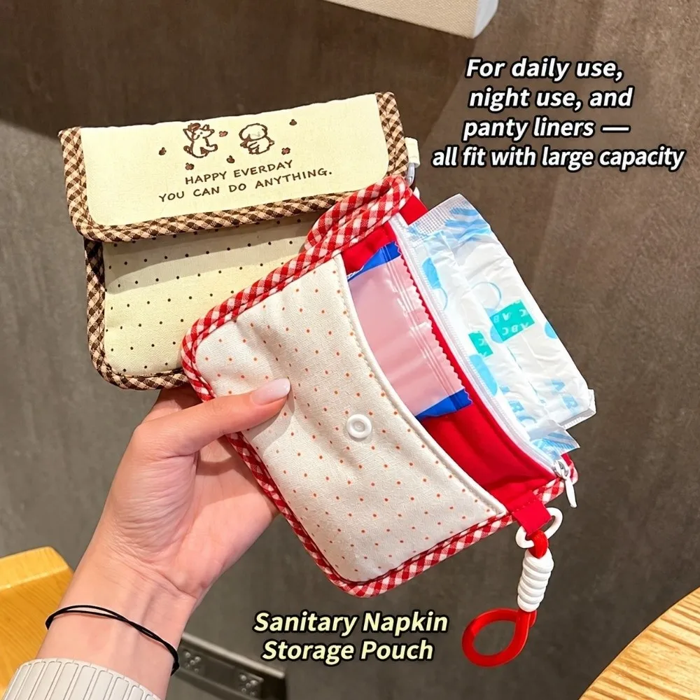 Portable Dog Embroidery Sanitary Pad Pouch with Wrist Strap Large Capacity Coin Purse Flip Cover Cosmetic Bag Women Girls
