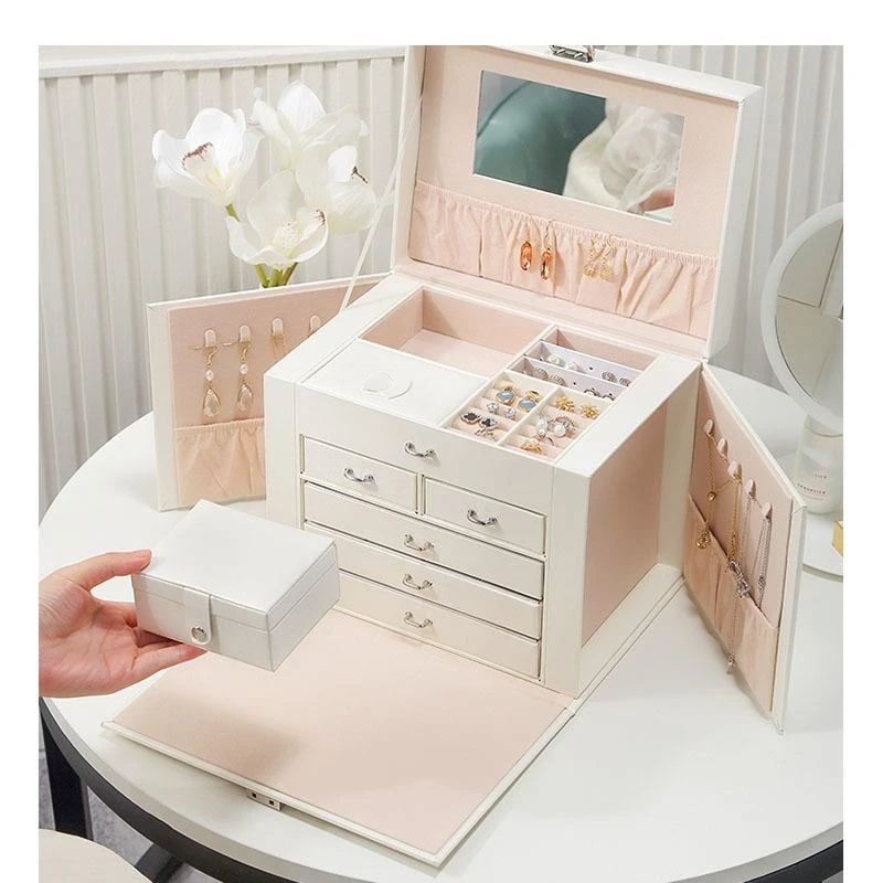 Multi-layer Drawers Storage Box with Lock PU Leather Separate Grid Makeup Dressing Table Necklace Earrings Hanging Rack