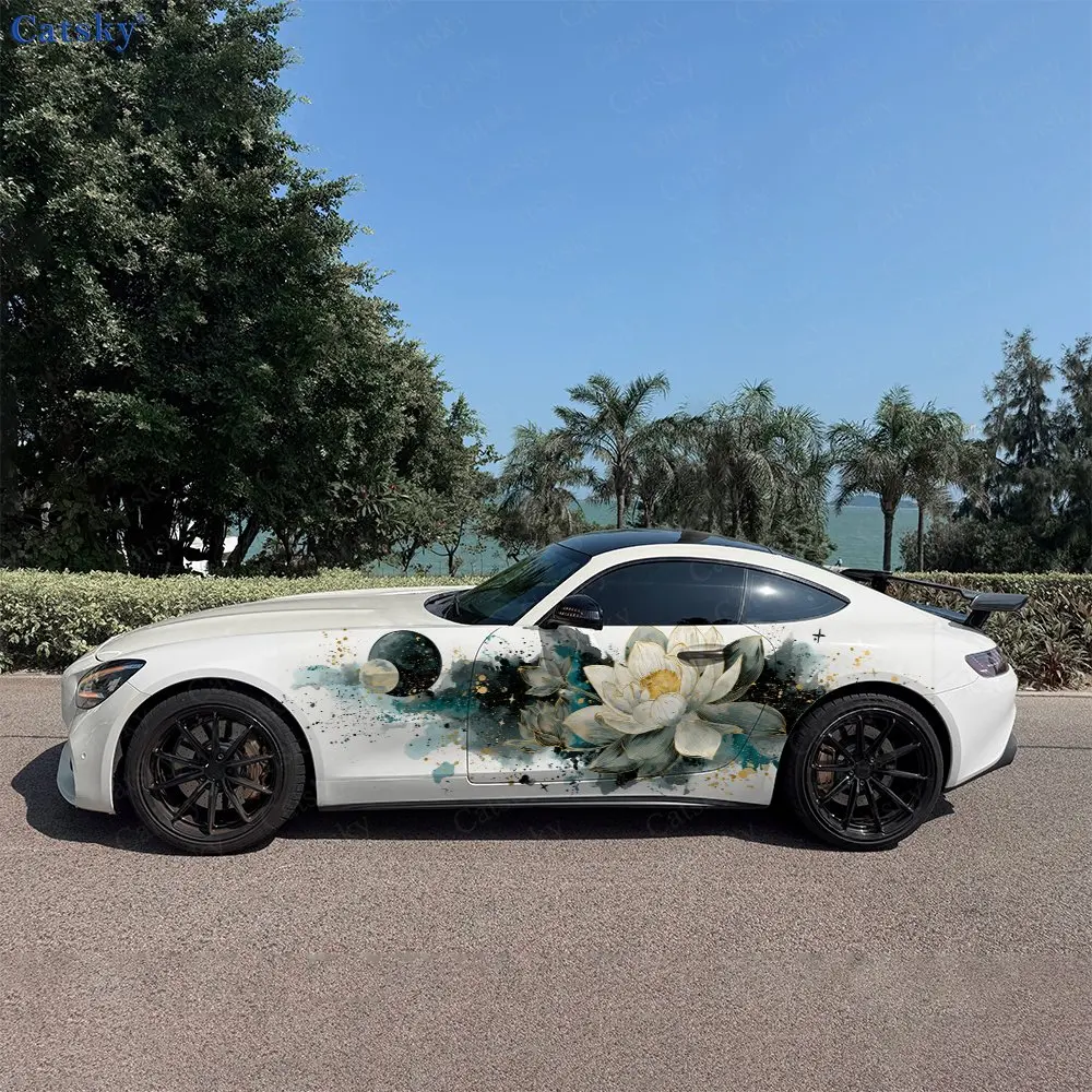 2pcs Gilded Ink Lotus Pond Moon Car Side Wraps, Self-Adhesive PVC Waterproof & Scratch-Resistant Stickers, Car Accessory Gift