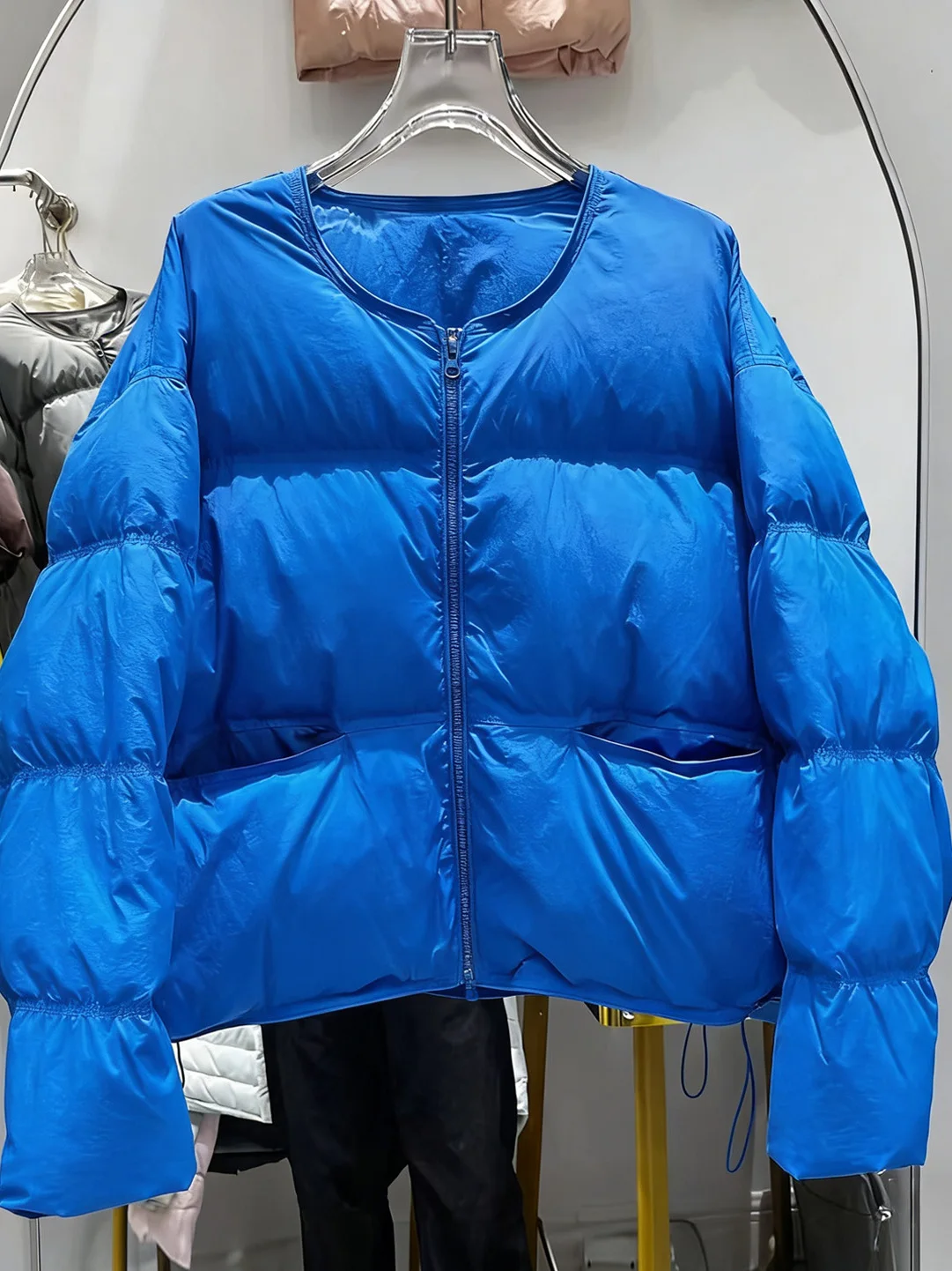 

Blue Eye-Catching Short Cotton Jacket Women's Fashion round Neck Thick Outerwear Korean Style Loose Fit Long Sleeve Zipper