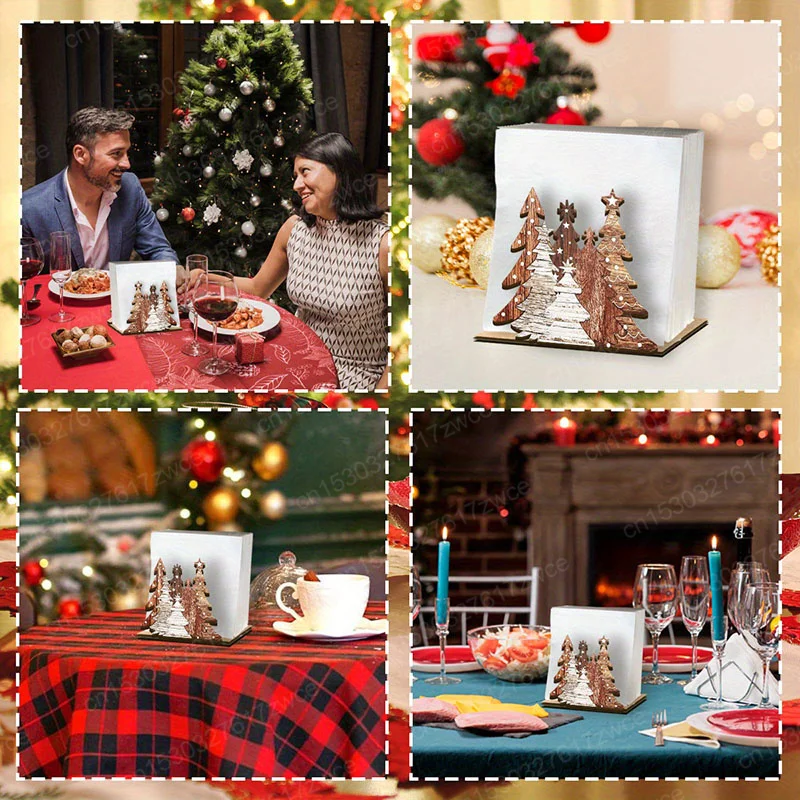 Rustic Wooden Christmas Tree Napkin Holder - Thickened Wooden Tabletop Decor with Snowy Pine Trees & Starry Night Sky Design