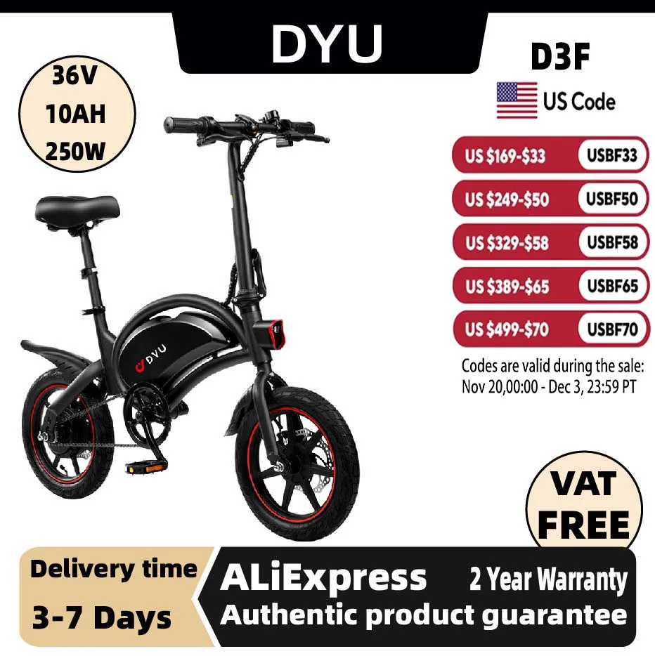 

DYU D3F Adult Electric Bicycle, 250W city ebike, 36V 10AH E-bike, 14 Tire Foldable Electric Bike