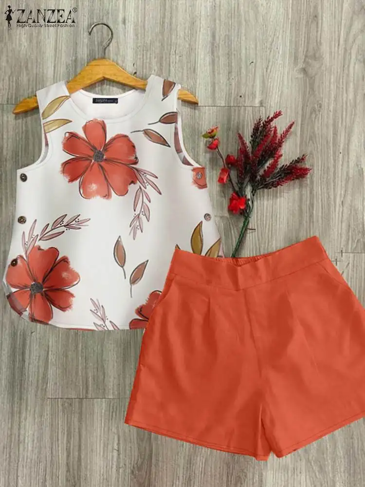 2PCS Women Summer Short Suits Elegant O Neck Sleeveless Floral Blouse Pant Sets 2024 ZANZEA Two Pieces Woman Tracksuits Outfits