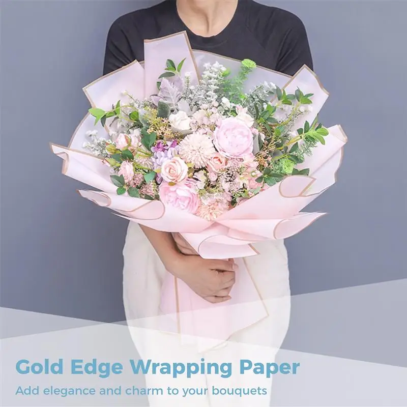 100Pcs/Set Wrapping Paper With Ribbons Waterproof Flowers Packaging Paper With Gold Border In Ten Colors DIY Wrapping Sheets