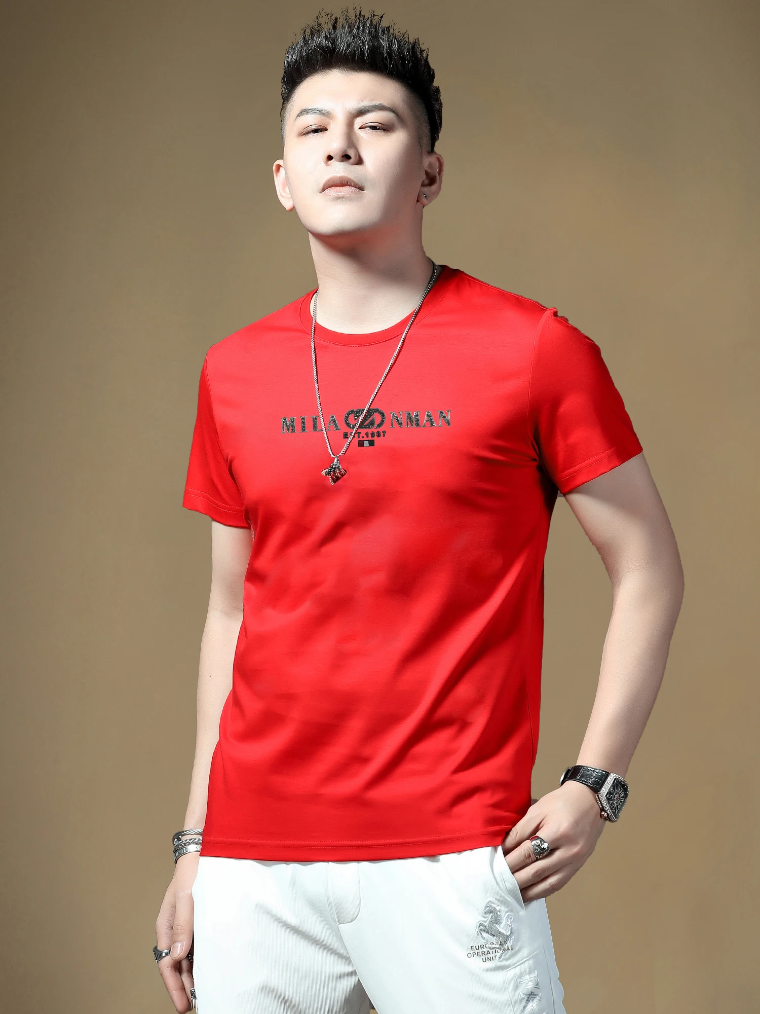 

iny Cotton Men's T-irt ort Sve Slim Fit Summer Faion Brand Clothing Youth Trendy round Ne Printed Cool Feeling