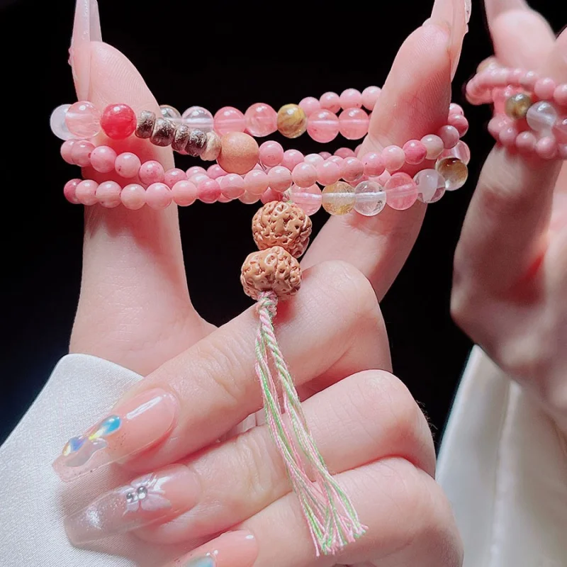 Taoyao ~ Multi-Layer Rhodochrosite Wooden Woven Bracelet Female Niche Temperament Zen Collectables-Autograph Rosary Necklace Bra