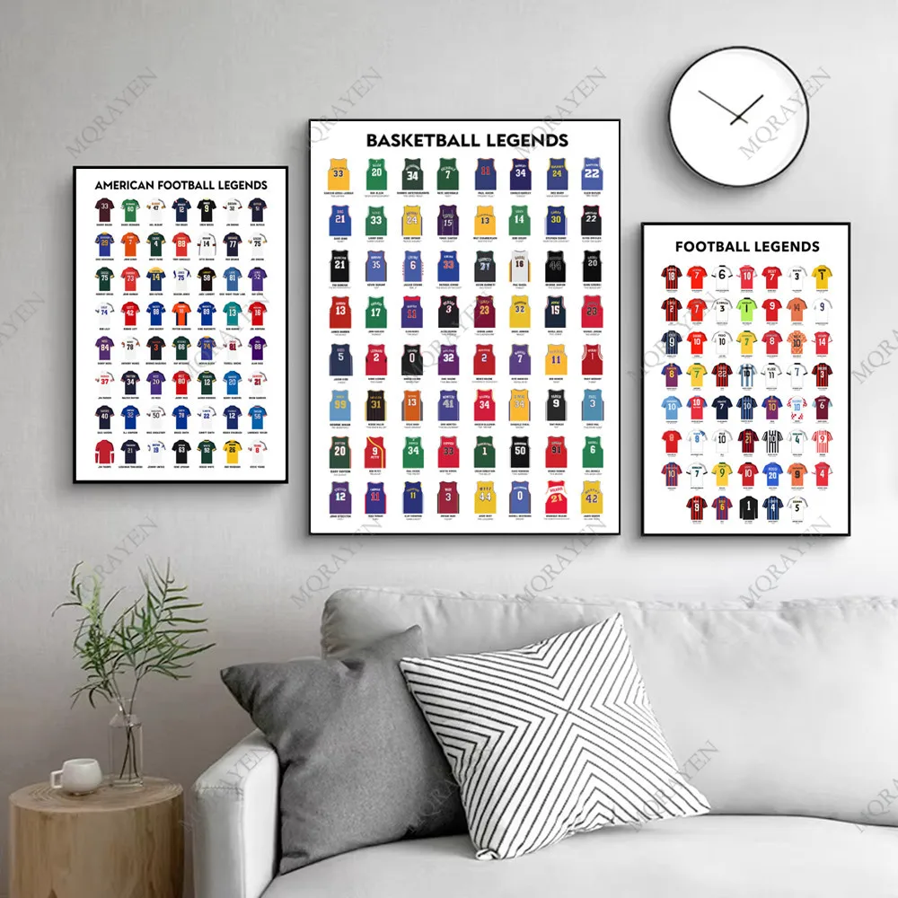 Póster de guía de tela deportiva famosa, pintura en lienzo, Jersey, baloncesto, fútbol, impresiones de leyendas, arte de pared, decoración de habitación, regalo de colección