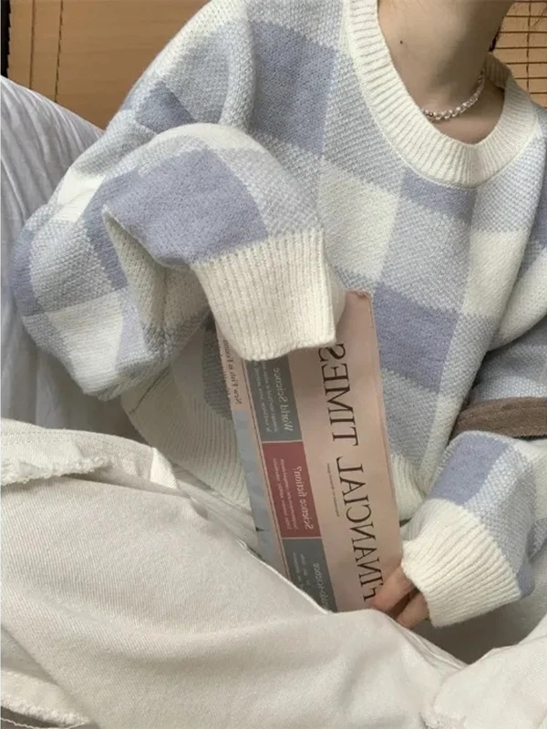 Chic Plaid ort Sweater Sweet Knitted irt Street Sle Slim Fit Long Sve round Ne Moisture ng Autumn Winter Top