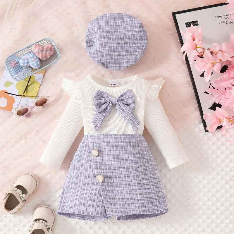 

1-3 Years Infant Outfits 3Pcs Sets Baby Girl Clothing Long Sleeves Pit Stripe Fly Sleeve Tops T-Shirt Pants Hat Spring Baby Set