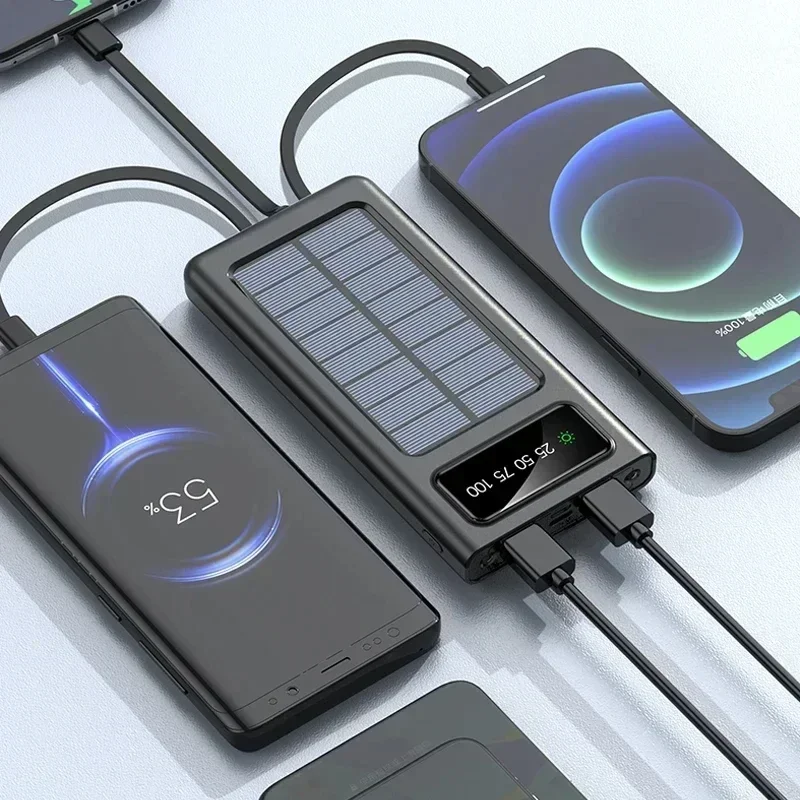 500000mAh Solar Power Bank Built Cables Solar Charger 2 USB Ports External with LED Light Super Fast Charger Powerbank