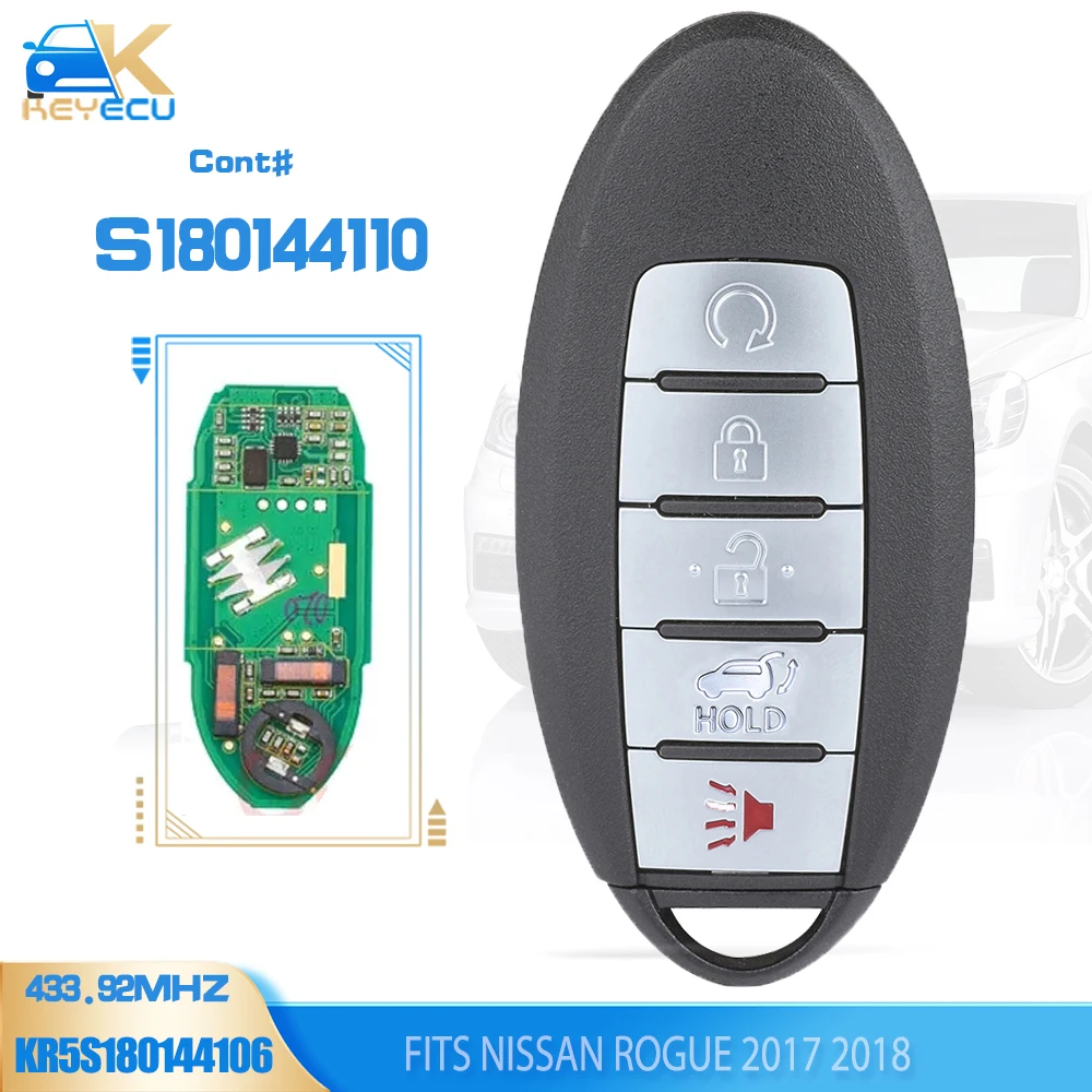 KEYECU Cont# S180144110, FCC ID: KR5S180144106 Smart Remote Car Key Fob 5 Button 433.92MHz ID47 for Nissan Rogue 2017 2018