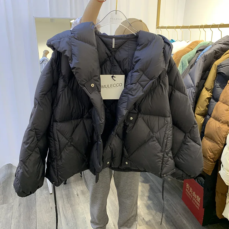 Women's Winter Down Jacket with Long Sleeves Hood Snap Button Pockets Ideal for Casual or Commuting Staying Warm
