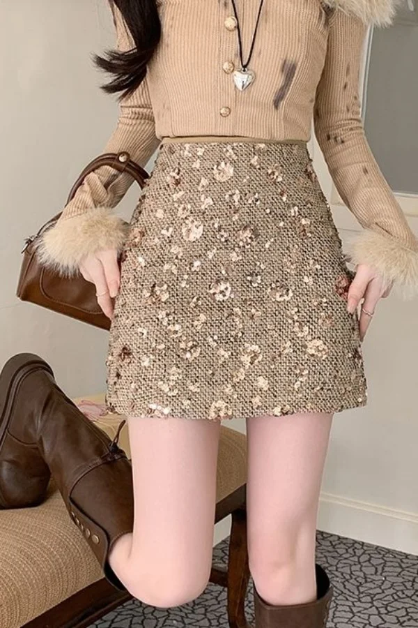 

Autumn Winter Silver Sequin Tweed Skirt for Women High Waist Thickened A Line Bodycon Mini Skirt Elegant French Style Skirt