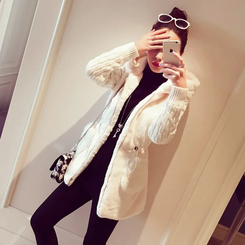 Spring Autumn Jacket Women Hooded Coat Furry Faux Fur Knit Sweater Coat Big Pocketswomen Coats And Jacket Plus Size Women Jacket