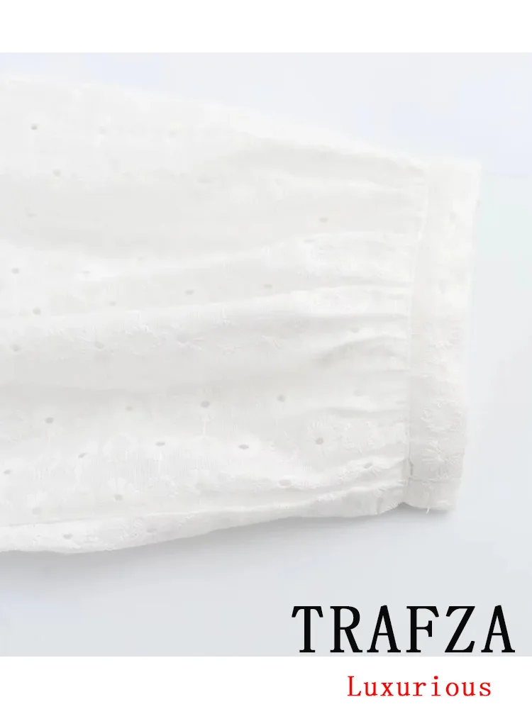 TRAFZA Vintage Chic Women Dress White Solid scollo a v manica lunga scava fuori cintura Slim Vestidos Fashion 2024 Summer Holiday Dress