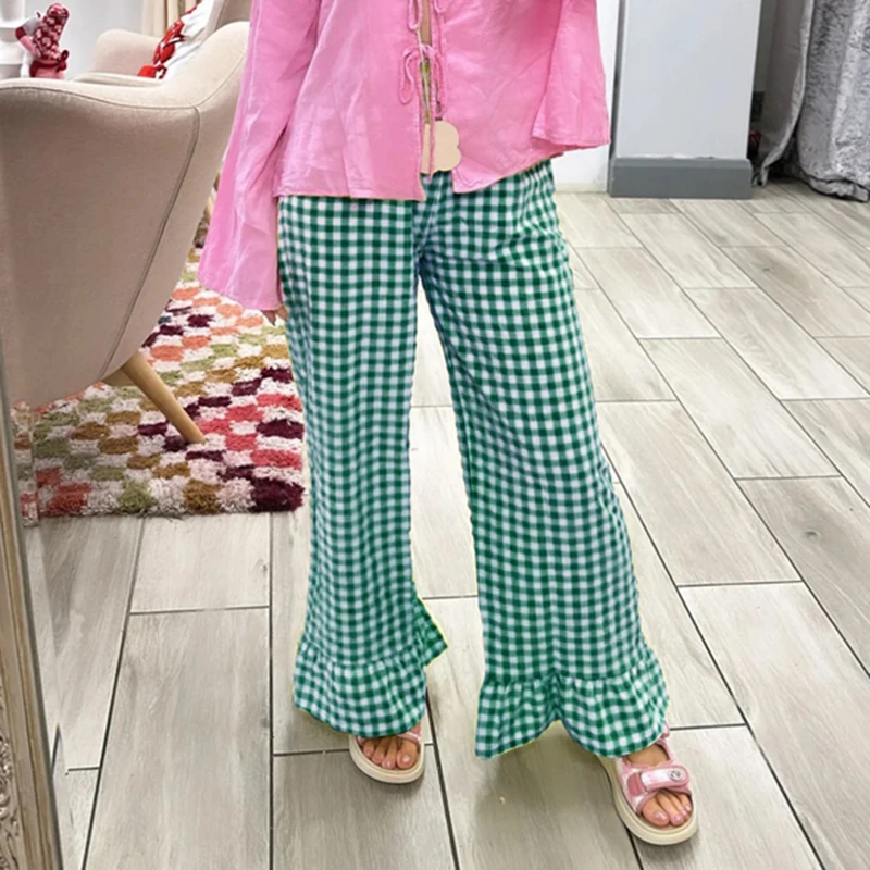 Maemukilabe Y2K Preppy Cute Plaid Wide Leg Pants Vintage Ruffles Hem Loose Fit Trousers Fairycore Elastic Waistband Lounge Pants