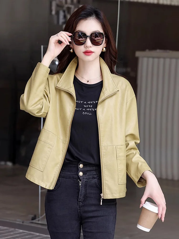 New Women Short Leather Jacket Spring Autumn Fashion Stand Collar Zipper Fly Casual Loose Black Coat Split Leather Outerwear