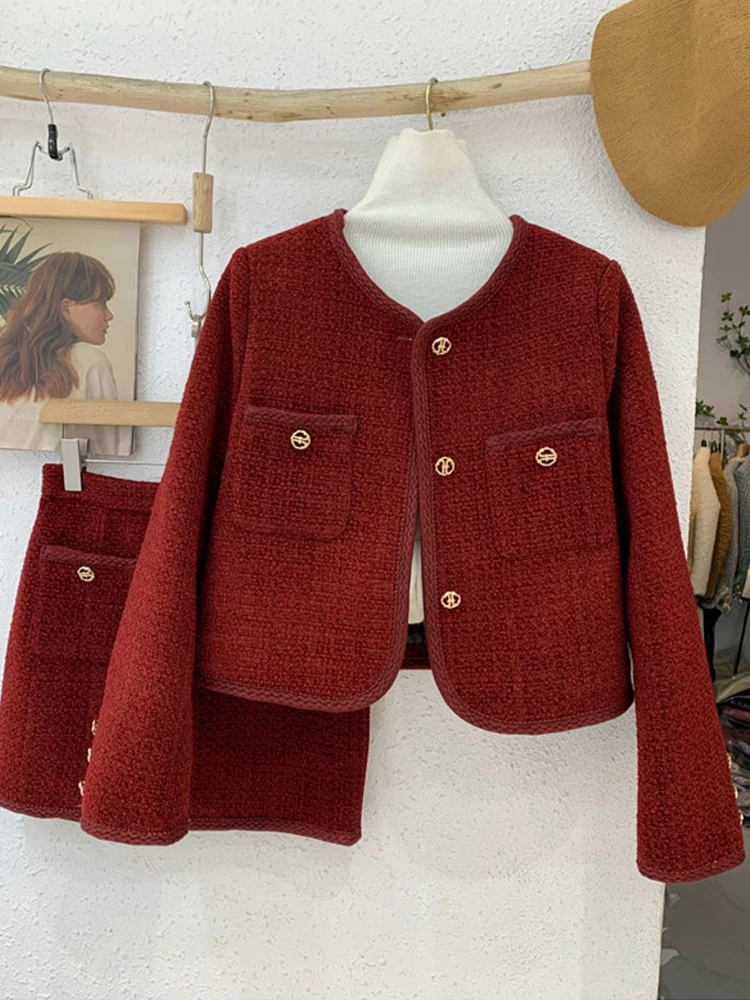 

KBAT 2023 French Vintage Small Fragrance 2 Pieces Women Tweed Jacket Short Coat Bodycon Mini Skirt High Waist Skirt Set