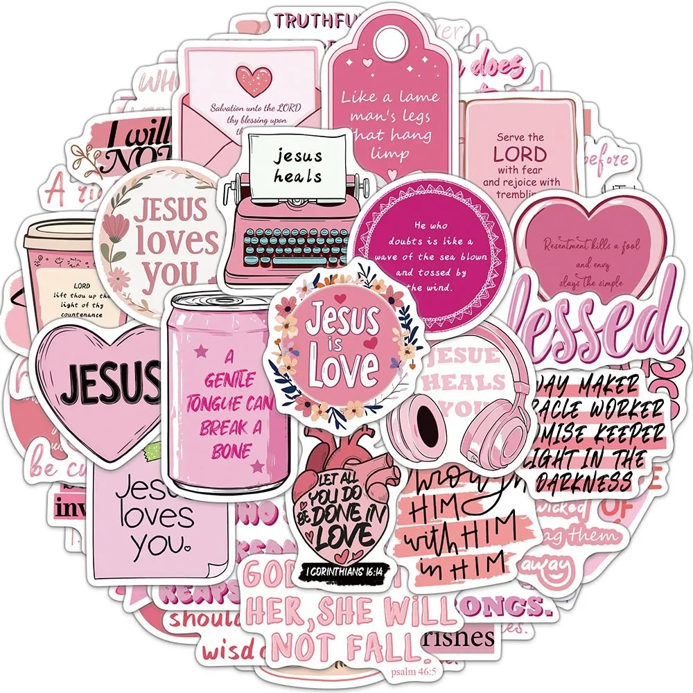 50PCS Pink Jesus Stickers Bible Verse Decals for Journal Water Bottle Laptop Christian Gift Kawaii Religious Decoration Parts
