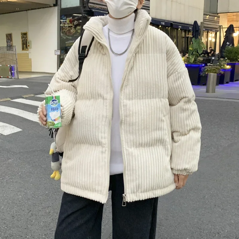 Men Parkas Stand Collar Zipper Cardigan Parka Long Sleeve Solid Striped Spliced Standard Winter Casual Loose Fit Pockets2025