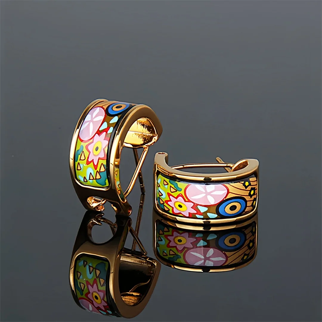 New Cloisonne Charms Stud Earrings for Women Enamel Love Kiss Gilded Ear Clip Fine Choice Jewelry Lover's Gift Wholesale