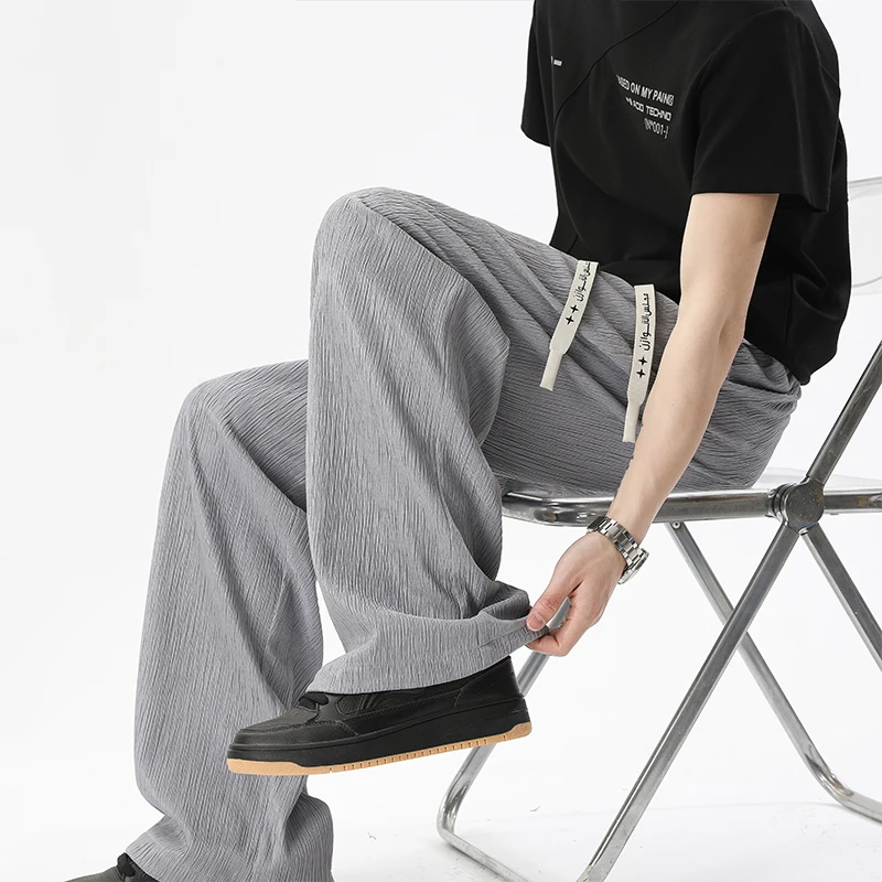 Summer Casual Pants Men Oversized Black Pleated Pants Men Streetwear Hip-hop Loose Wide Leg Pants Mens Ice Silk Trousers M-3XL